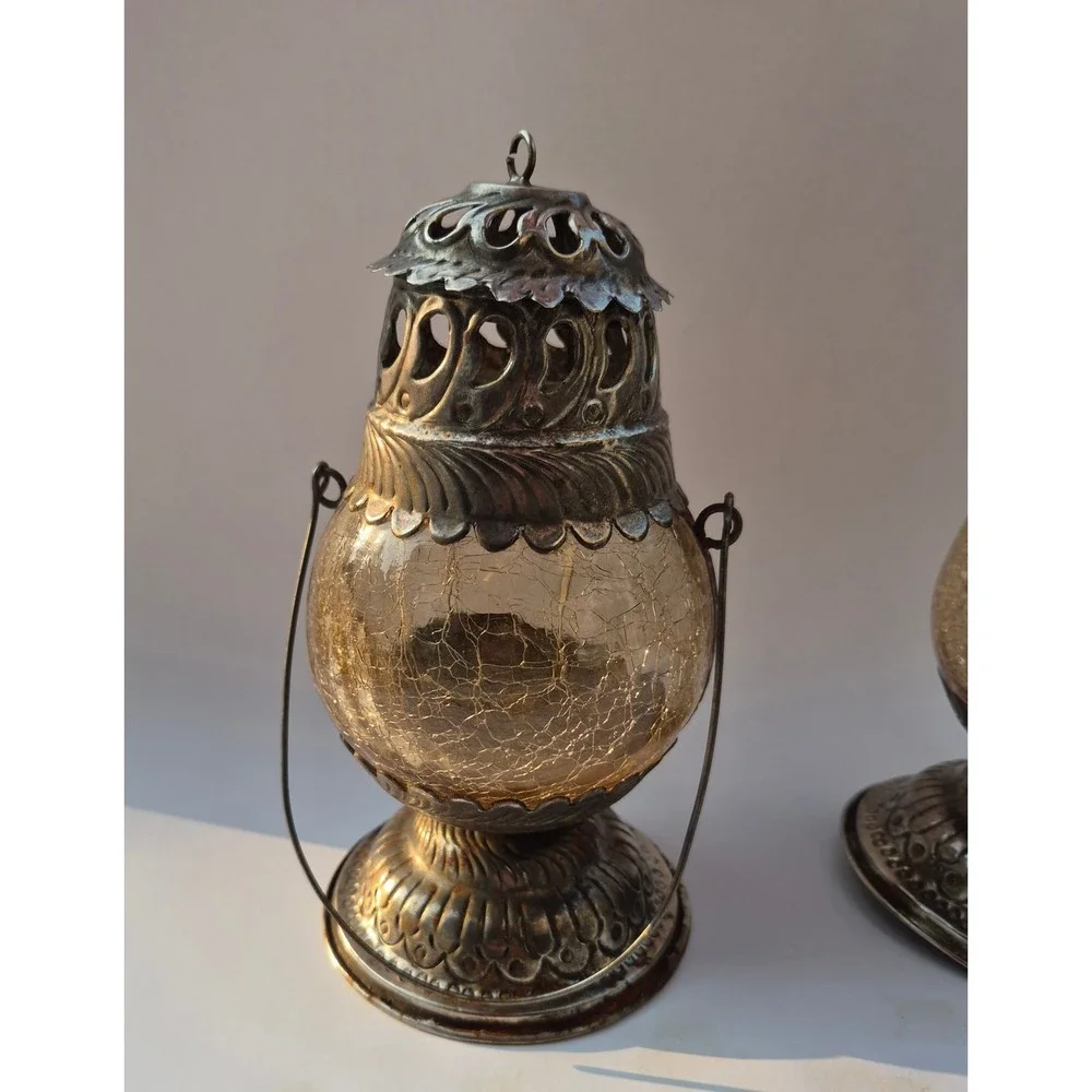 Vintage Silver Tone Crackle Glass Tea Light Lanterns Set of 2 Amber Boho Decor